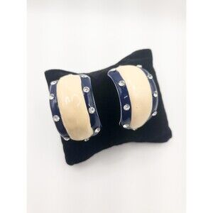 Vintage Navy Ivory Enamel Hoop Earrings with Rhinestones, Gold Tone 1980s Nautic